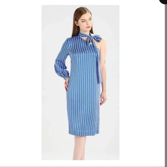 banana republic one shoulder striped dress NWT Banana Republic One-Shoulder Bow Cobalt Stripe Dress Sz 4